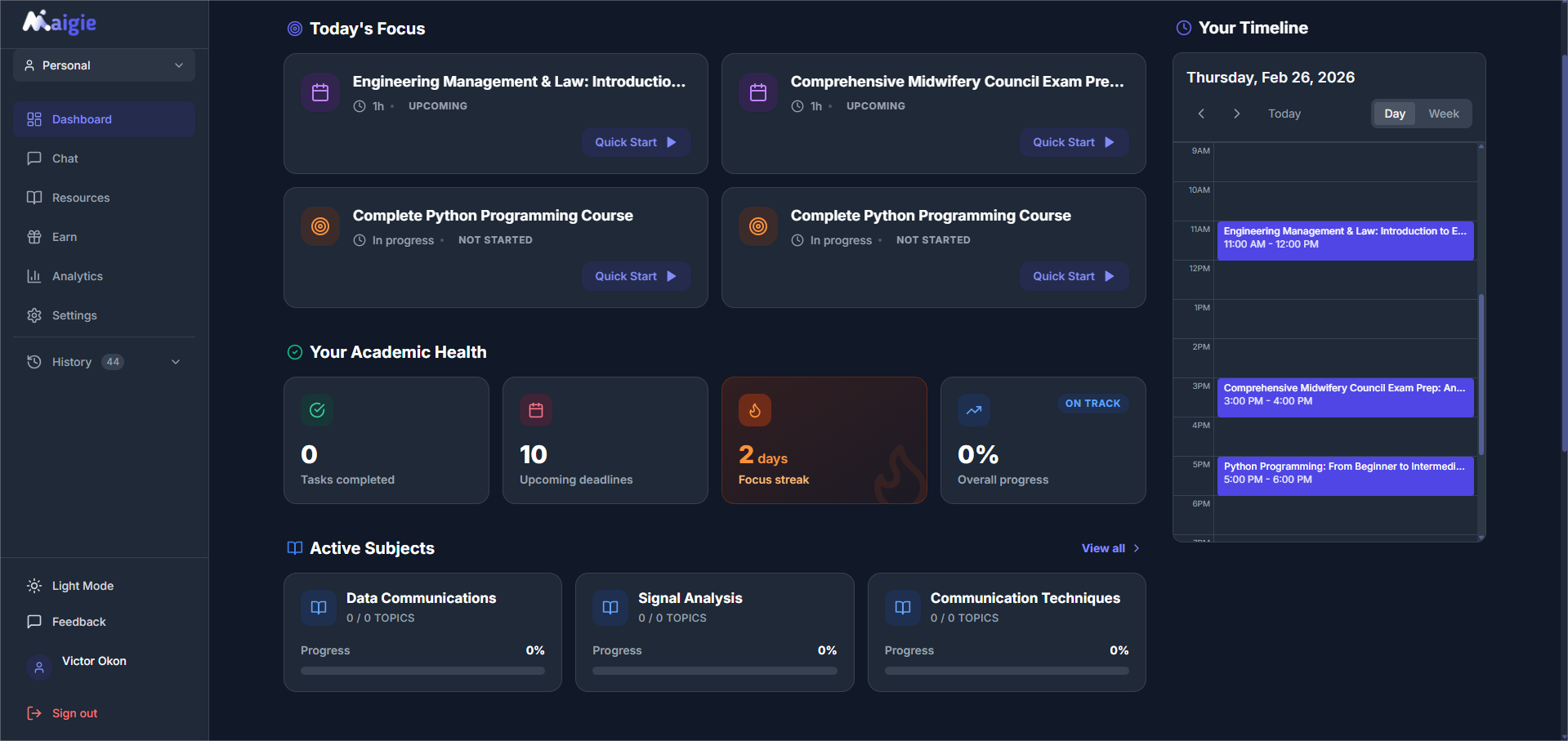 Maigie Academic Operating System Dashboard Mockup